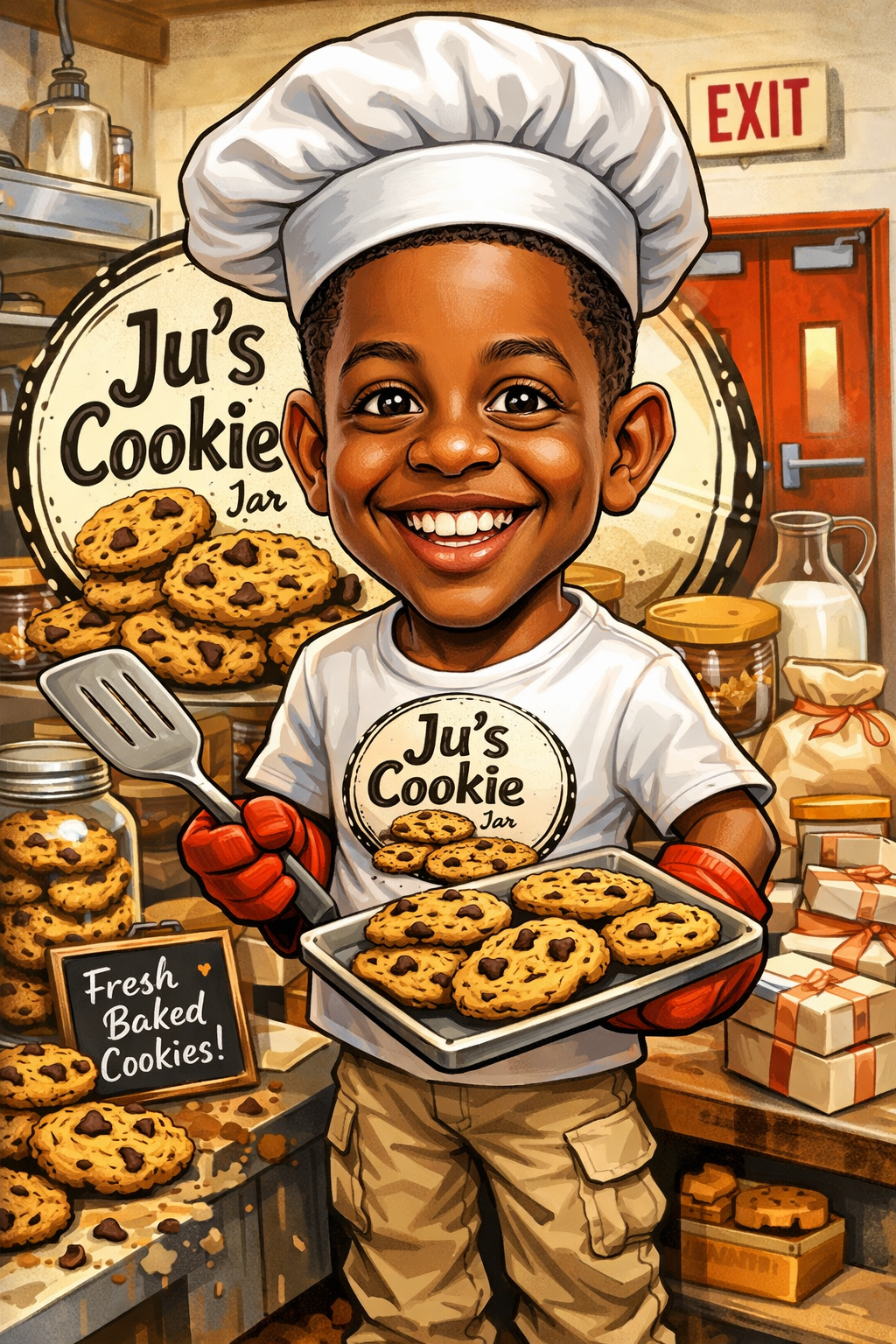 Julius 'Ju' Wright smiling in a chef hat and apron while holding fresh cookies